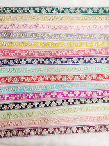 Wholesale Sky Blue Net Lace Floral Embroidery & Glitter Gold Sequins, Indian Wedding Border, Gifting Ribbon Costume Trim Fashion Trimming